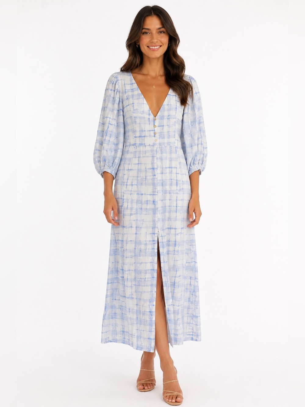 Showpo Amalie Blue Plaid Linen Blend Open Back Maxi Dress Size US 12 EU 44